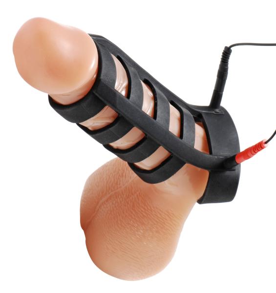 Power Cage Silicone E Stim Cock And Ball Sheath Black