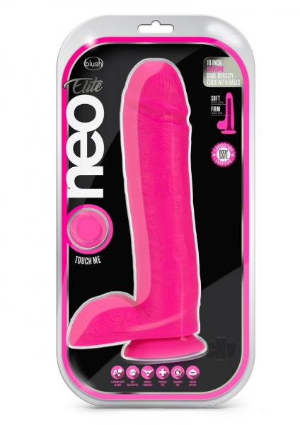 Neo Elite 10 Inch Silicone Dual Density Cock With Balls Neon Pink