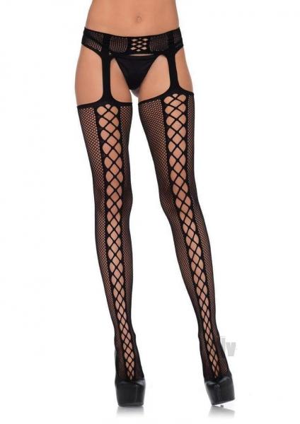Faux Lace Net Stocking/Garterbelt Black