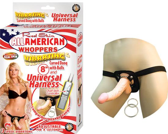 All American Whoppers 8 Inches Vibrating Dong & Universal Harness Beige