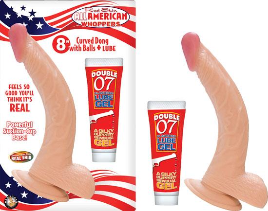 All American Whoppers 8 Inches Curved Dong, Balls Beige