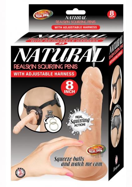 Natural Realskin Squirting Penis 8 Inches Beige Harness