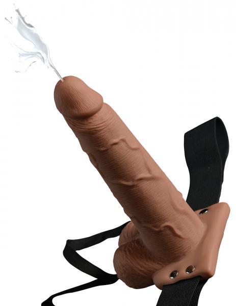 Fetish Fantasy 7.5 Inches Hollow Squirting Strap On With Balls Tan