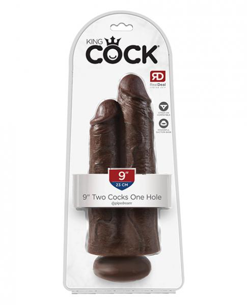King Cock 9 Inches Two Cocks One Hole Brown
