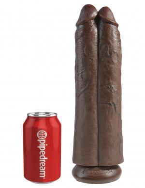 King Cock 11" Two Cocks One Hole Brown