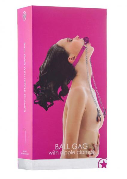 Ouch Ball Gag W/Nipple Clamps Pink