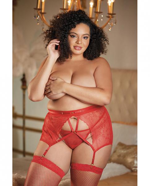 Allure High Waisted Lace Garter & G String Red Qn