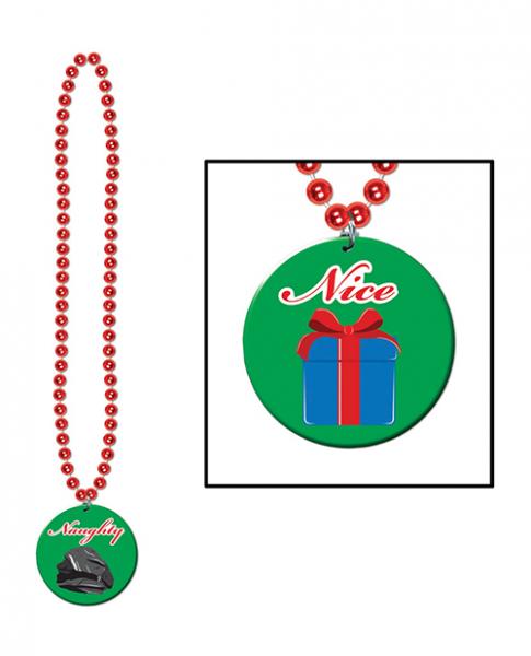Holiday Beads W/Naughty Or Nice Medal Green/Red