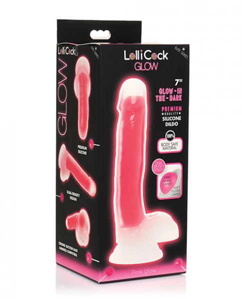 7 Inch Glow In The Dark Silicone Dildo With Balls Pink