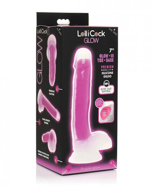 7 Inch Glow In The Dark Silicone Dildo With Balls Purple