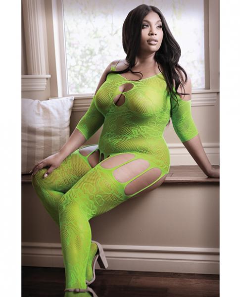 Sheer Stargazing Cold Shoulder Gartered Bodystocking Queen Neon Green