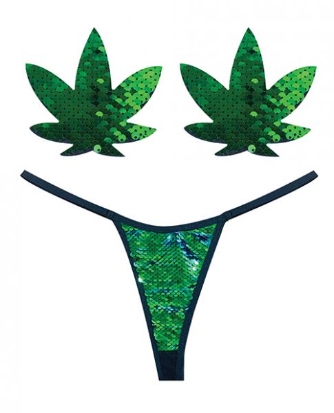 Neva Nude Naughty Knix Weed Leaf Sequin G String & Pasties Green O/S