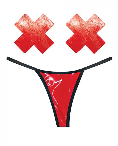 Neva Nude Naughty Knix Vixen Wet Vinyl G String & Pasties Red O/S
