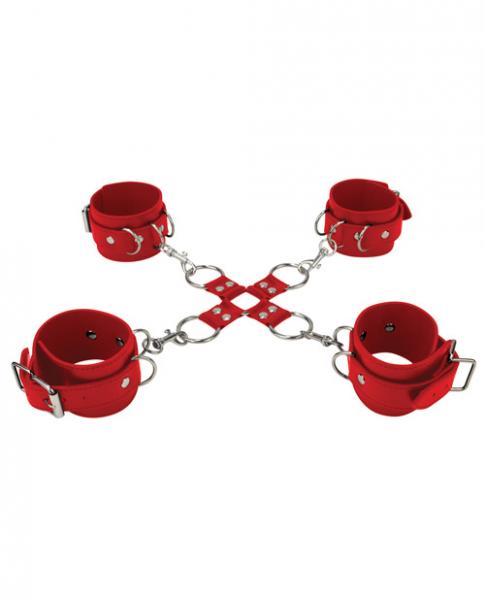 Ouch Leather Hand And Leg Cuffs Red