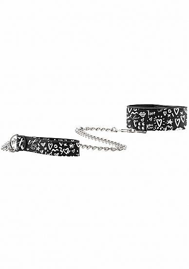 Shots Ouch Love Street Art Fashion Printed Collar W/Leash Black