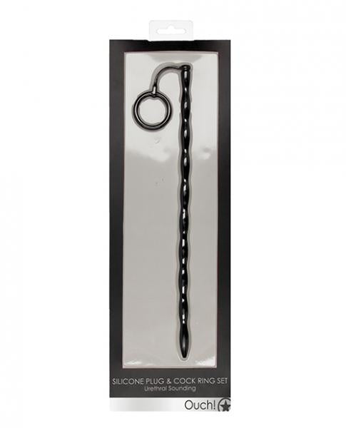 Ouch! Urethral Sounding Silicone Plug & Cock Ring Set Black