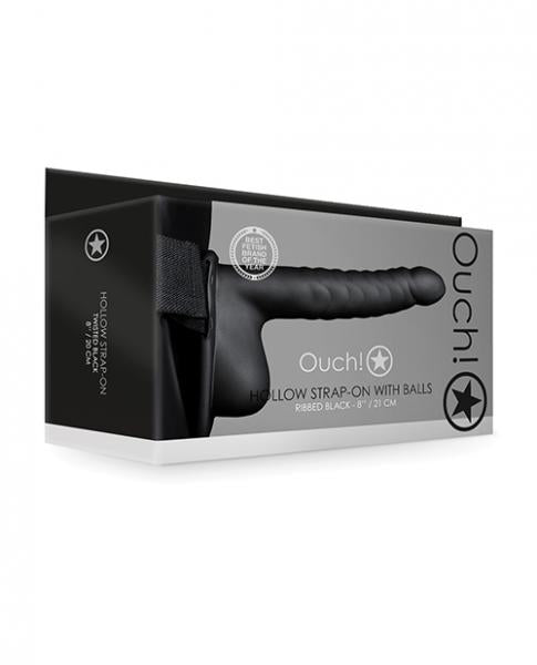 Shots Ouch 8" Ribbed Hollow Strap On W/Balls Black