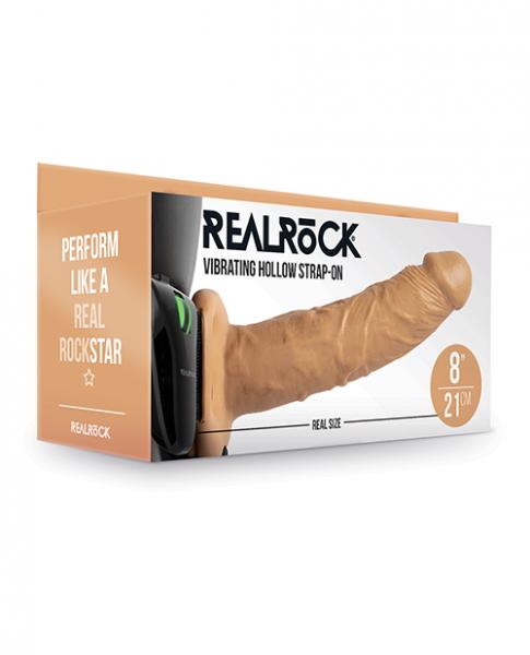 Shots Realrock 8" Vibrating Hollow Strap On W/O Balls Tan