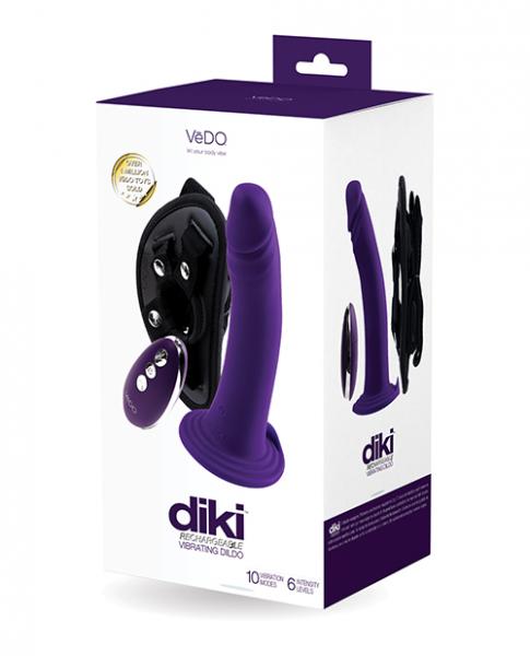 Vedo Diki Rechargeable Vibrating Dildo W/Harness Deep Purple