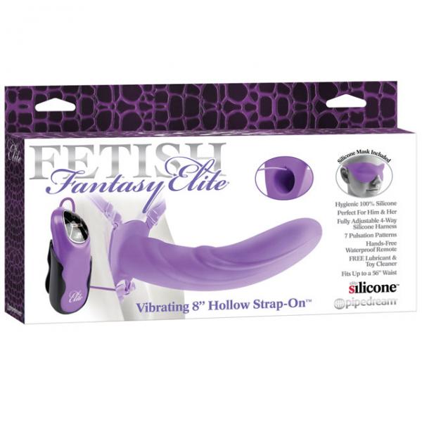 Vibrating 8 Inch Silicone Hollow Strap On Purple