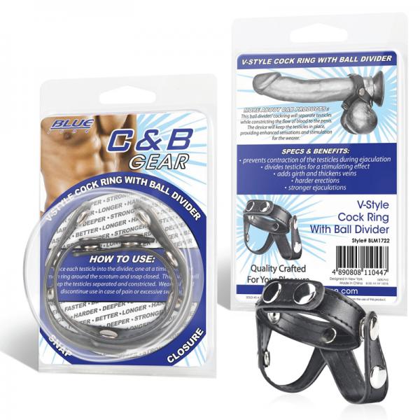 C & B Gear V Style Cock Ring With Ball Divider Black
