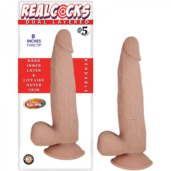 Real Cocks Dual Layered #5 Beige Thin Tip 8 Inches Dildo