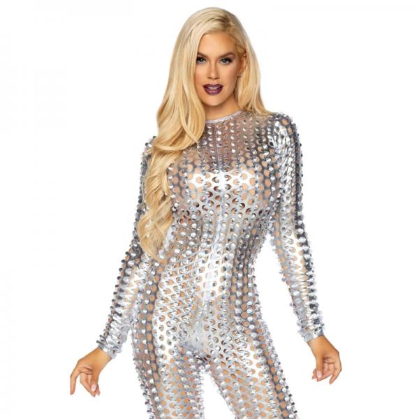 Laser Cut Metallic Catsuit Silver Medium
