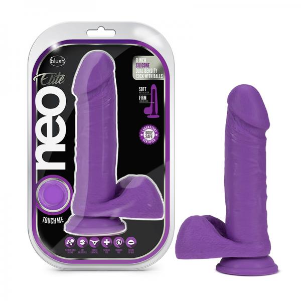 Neo Elite 8 Inch Silicone Dual Density Cock With Balls Neon Purple