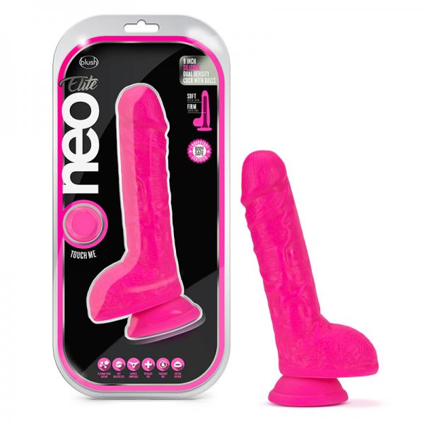 Neo Elite 9 Inch Silicone Dual Density Cock With Balls Neon Pink