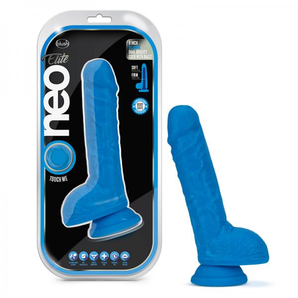 Neo Elite 9 Inch Silicone Dual Density Cock With Balls Neon Blue
