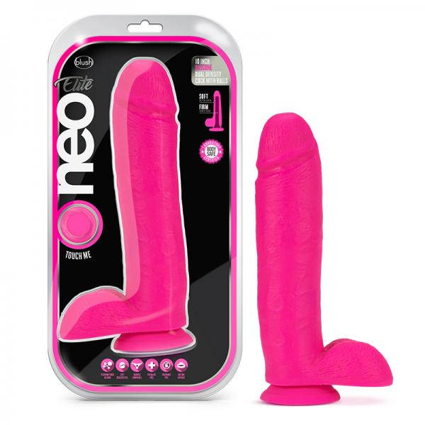 Neo Elite 10 Inch Silicone Dual Density Cock With Balls Neon Pink