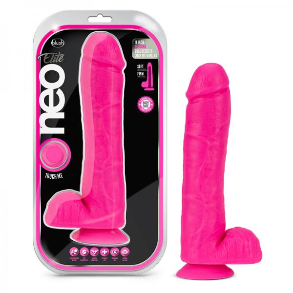 Neo Elite 11 Inch Silicone Dual Density Cock With Balls Neon Pink