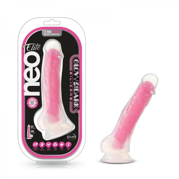 Neo Elite Paradise Glow In The Dark 7" Silicone Dual Density Dildo Neon Pink