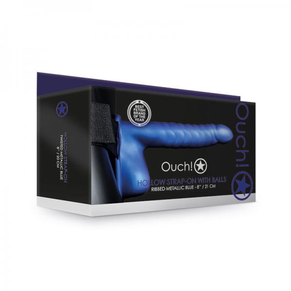 Ouch! Ribbed Hollow Strap On With Balls 8 In. Metallic Blue