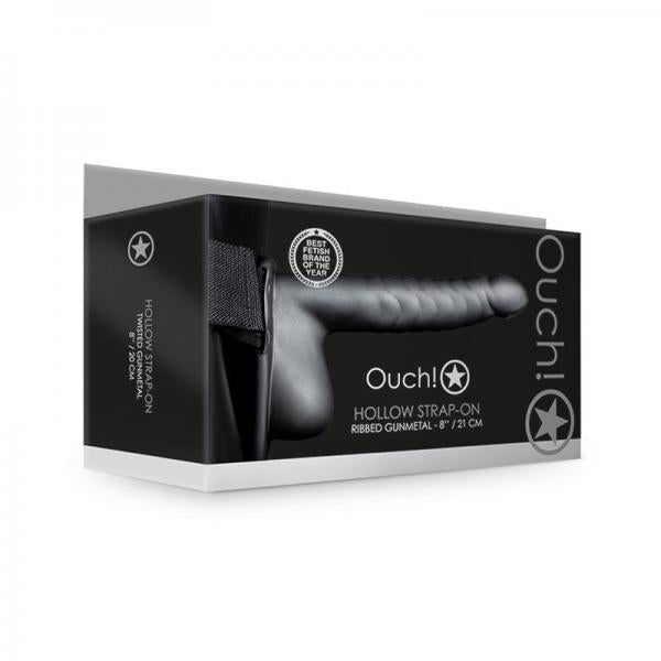 Ouch! Ribbed Hollow Strap On With Balls 8 In. Gunmetal Gray