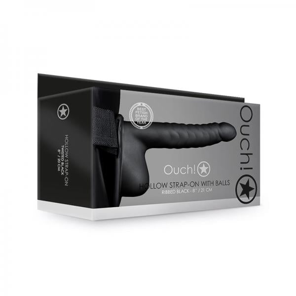 Shots Ouch 8" Ribbed Hollow Strap On W/Balls Black