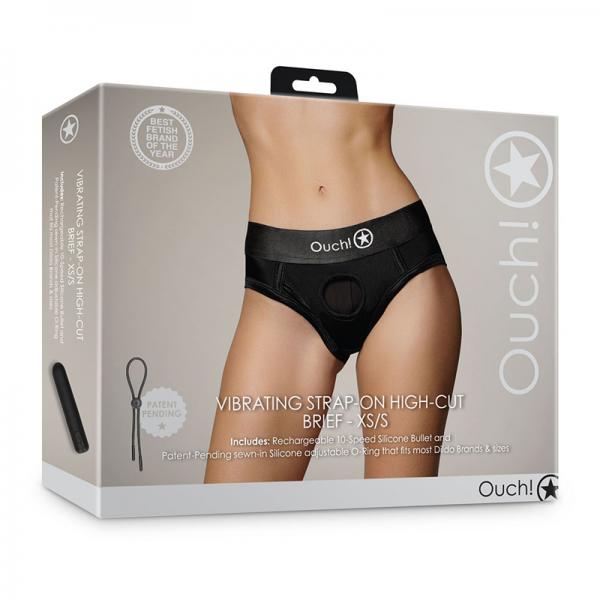 Shots Ouch! Vibrating Strap On High Cut Brief Black Xs/S