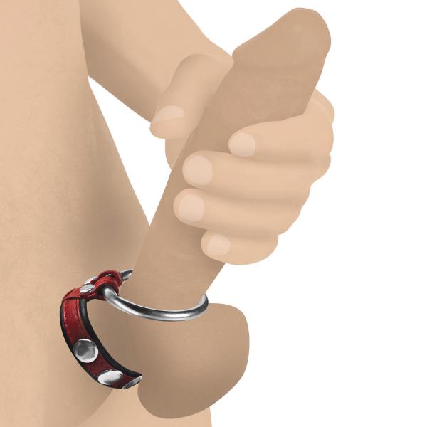 Leather And Steel Cock And Ball Ring Red