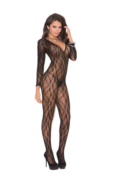 Deep V Bodystocking W/ Long Sleeves Black O/S