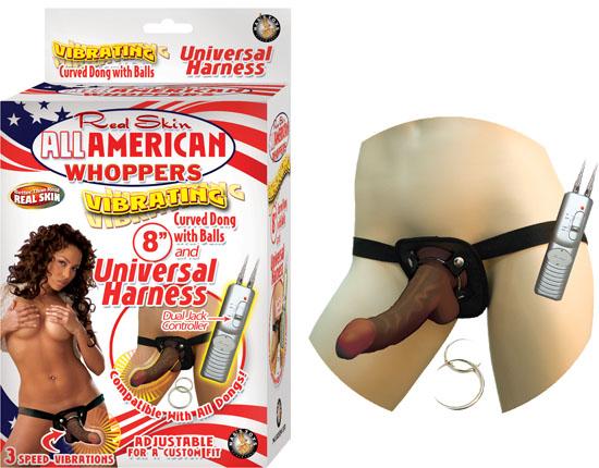 Real Skin Afro American Whoppers Vibrating 8 Inch Dong With Harness Brown