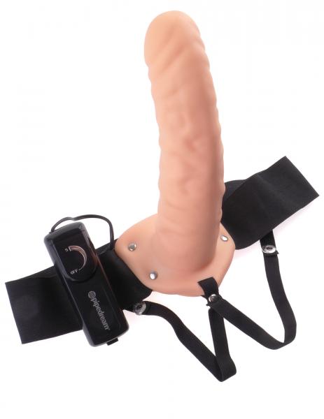 Vibrating Hollow Strap On 8 Inch Beige