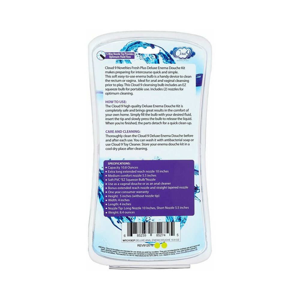 Cloud 9 Fresh + Deluxe Anal Enema Douche Kit 10.8oz Ez Squeeze Bulb W/ Soft Nozzle