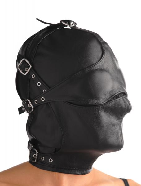 Asylum Leather Hood With Removable Blindfold And Muzzle M/L