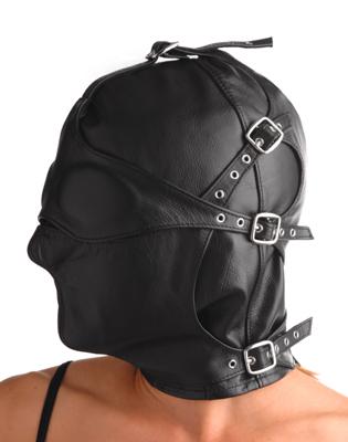 Asylum Leather Hood With Removable Blindfold And Muzzle Sm