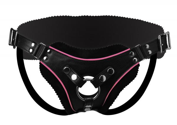 Low Rise Leather Strap On Dildo Harness With Pink Accents