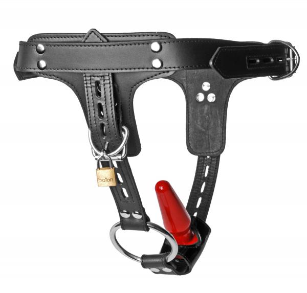 Premium Locking Leather Cock Ring And Anal Plug Harness