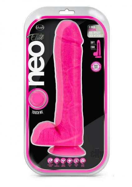 Neo Elite 11 Inch Silicone Dual Density Cock With Balls Neon Pink