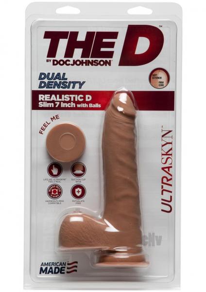 The D Realistic D 7 Inches Slim Dildo With Balls Brown
