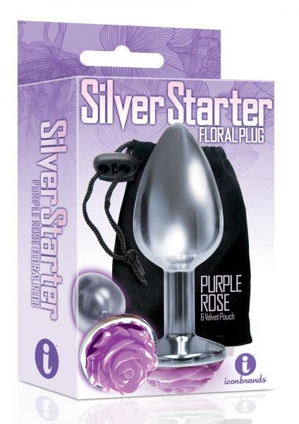 The Silver Starter Rose Floral Steel Butt Plug Purple