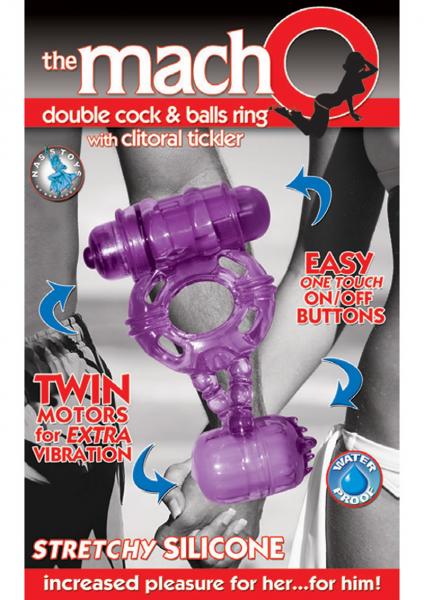 The Macho Double Cock And Balls Ring With Clitoral Tickler Silicone Waterproof Purple